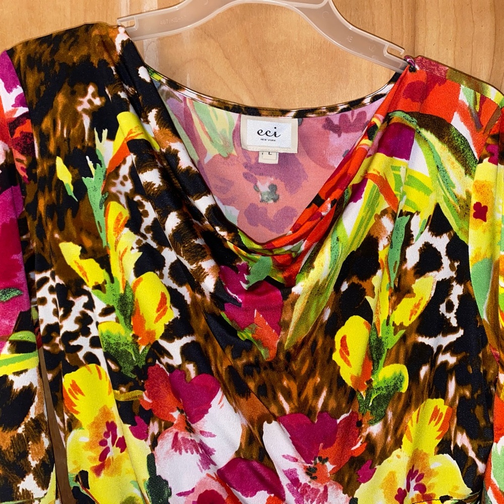 NEW! ECI Colorful Floral and Animal Print Faux Wrap Midi Dress NWT - Size L - Picture 8 of 15